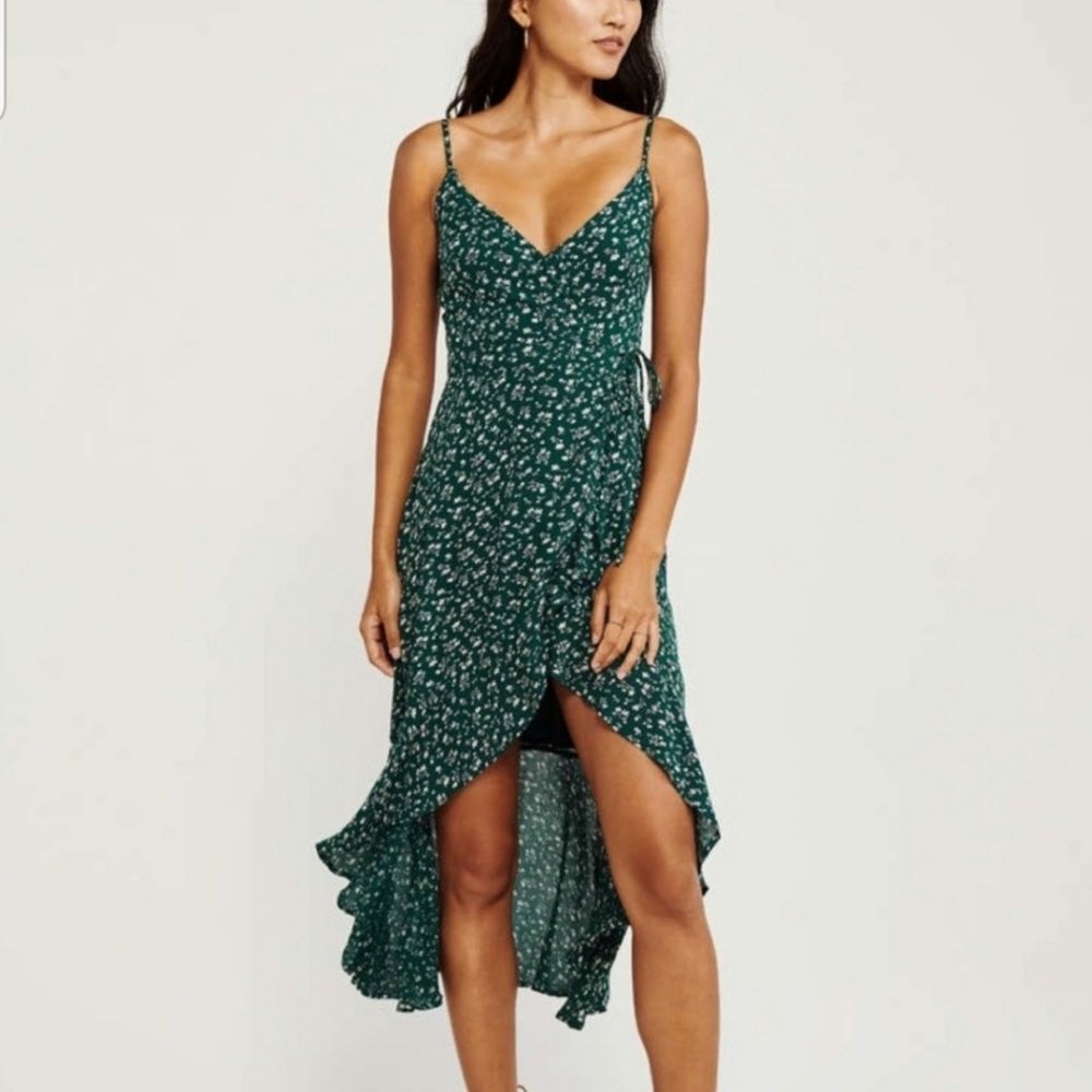 Abercrombie women’s green Floral Ruffle wrap summer Dress high low size LP NWT!